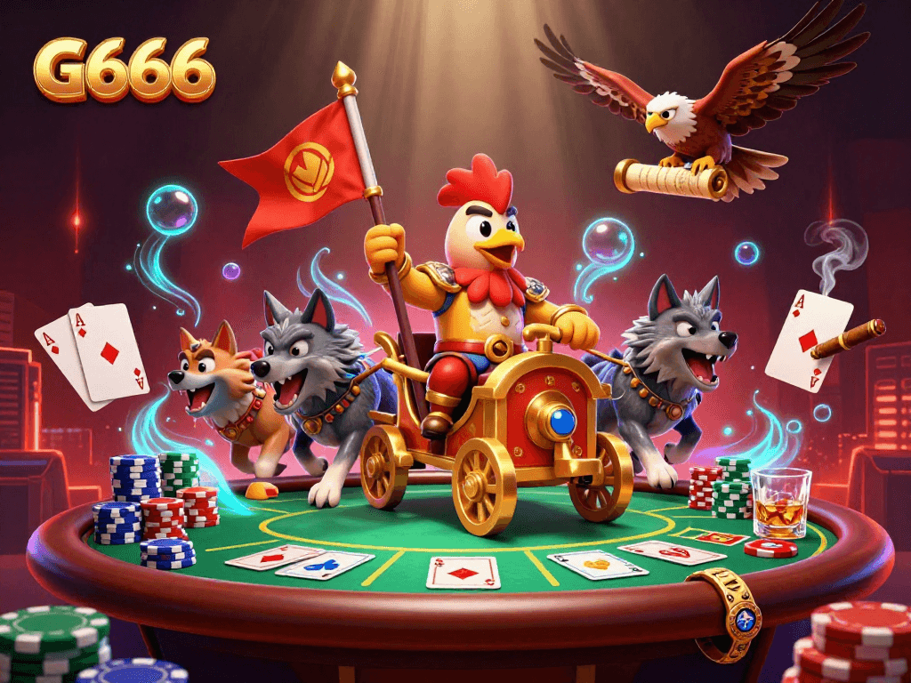 Master the G666 gaming experience with an intense poker showdown featuring a warlord rooster and engaging elements.