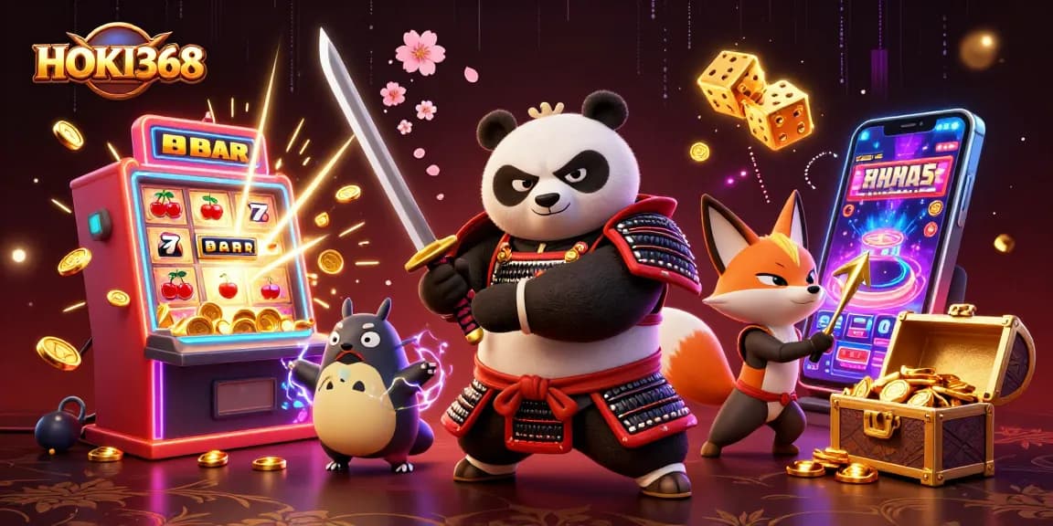 Experience the dynamic gaming adventure at HOKI368 with exciting characters and vibrant casino elements.