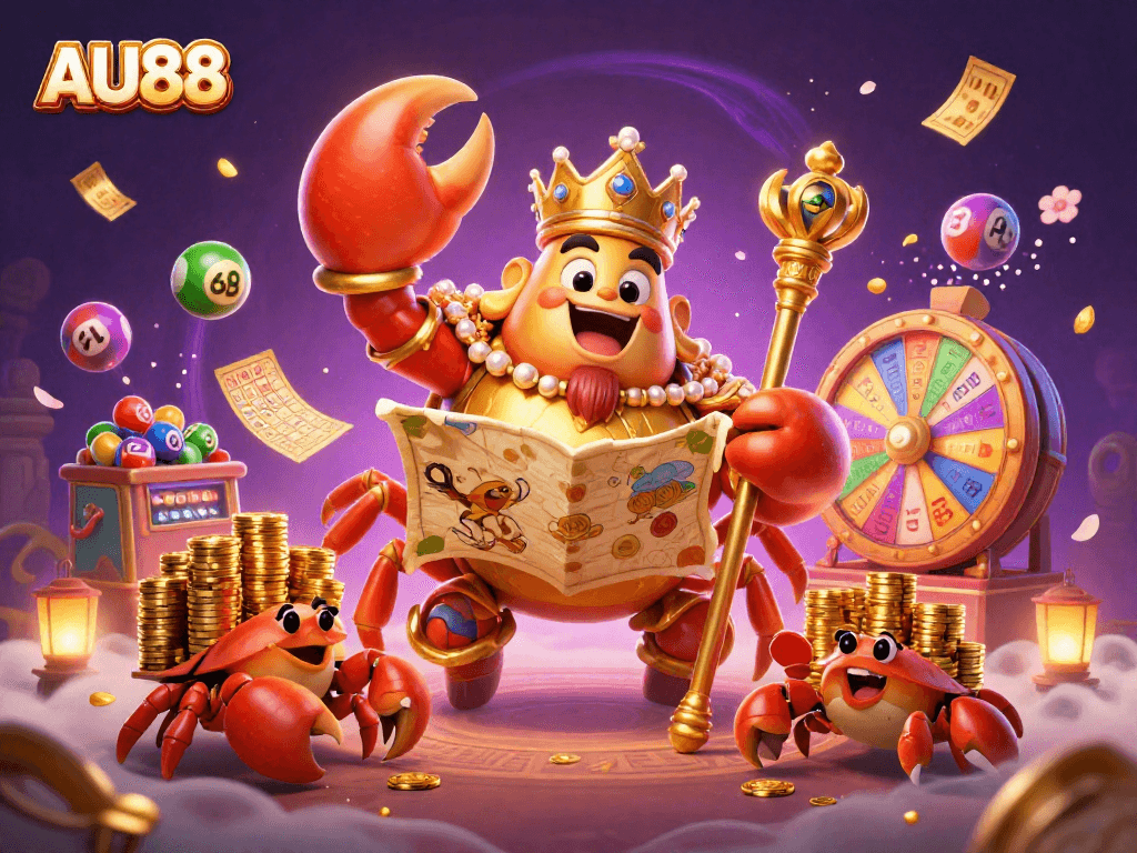 Engage with AU88 to win big as the golden crab emperor oversees an exciting lottery scene!