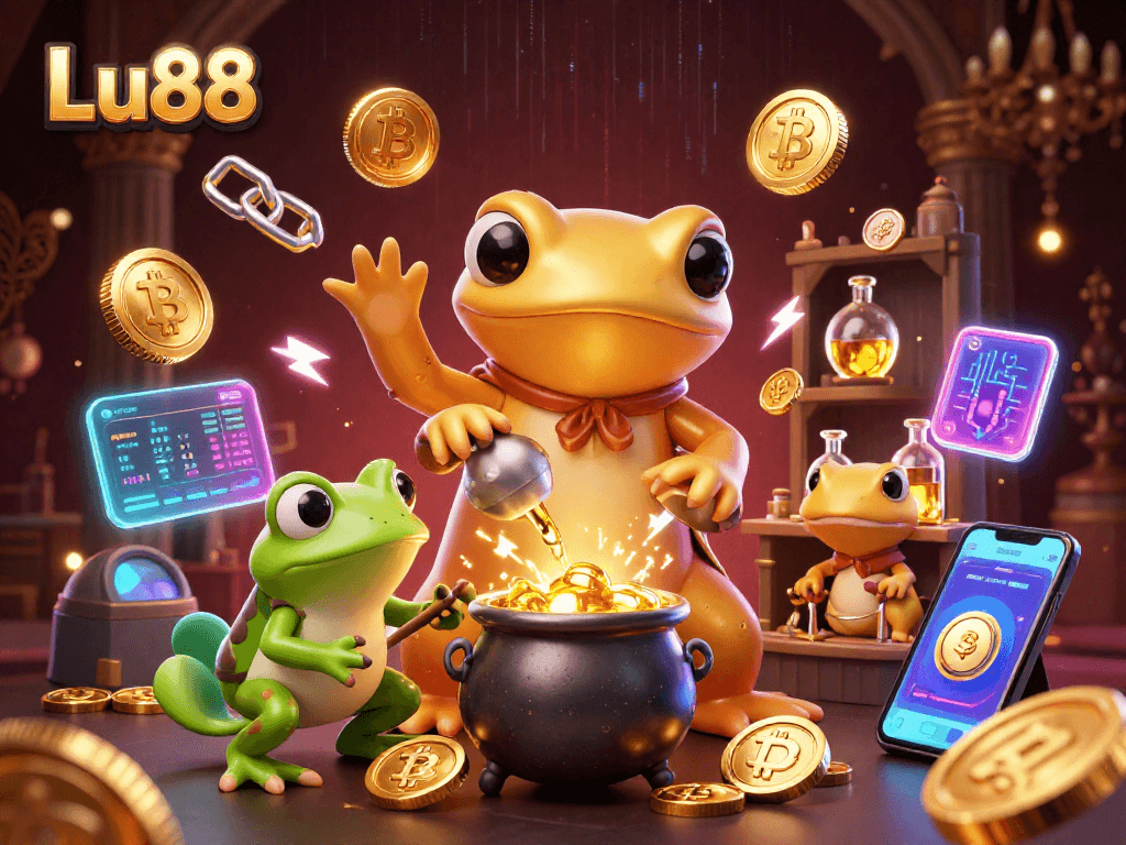 Experience Lu88's magical realm of alchemy and riches with 3D characters transmuting gold coins.