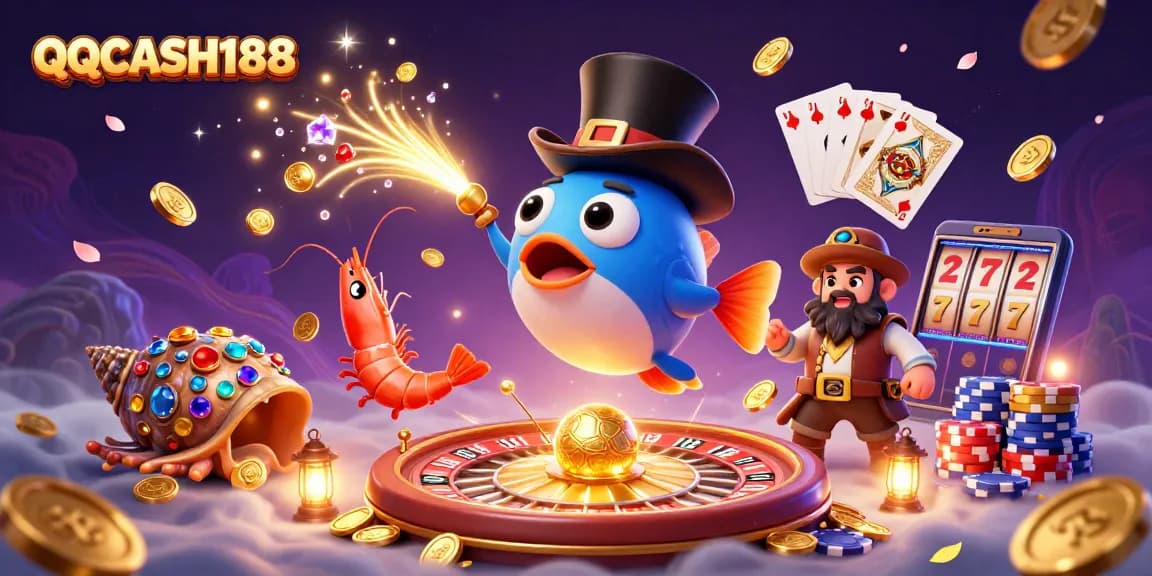 Experience the excitement of QQCASH188 with golden coins and casino elements in a vibrant 3D rendering.