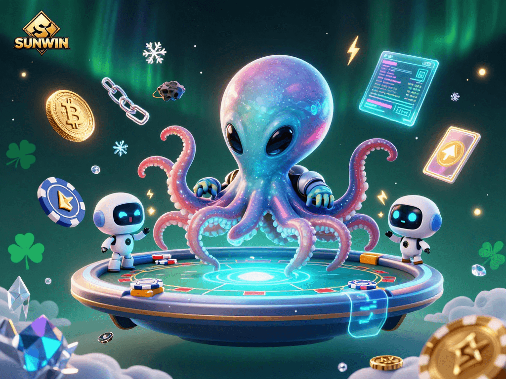 SUNWIN showcases an alien octopus at a holographic poker table in a vibrant casino galaxy.