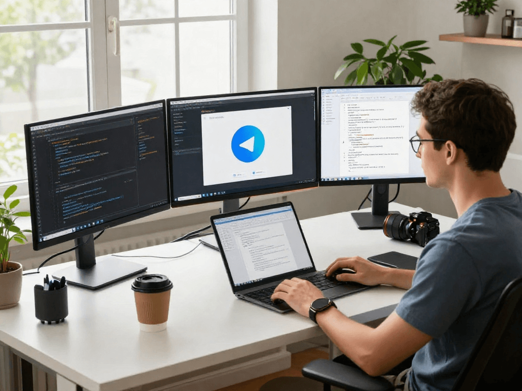 Telegram 中文版应用在现代办公环境中的集成开发场景，开发人员专注高效工作。