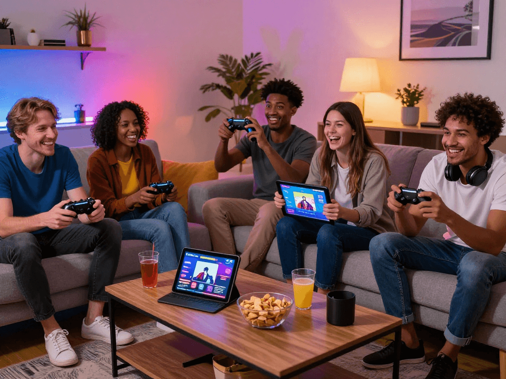 Engaging adults enjoying free sex games on various devices in a vibrant living room setting.