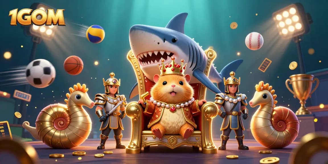 Bet on sports and win with 1GOM, featuring a golden hamster king on a shark tooth throne.