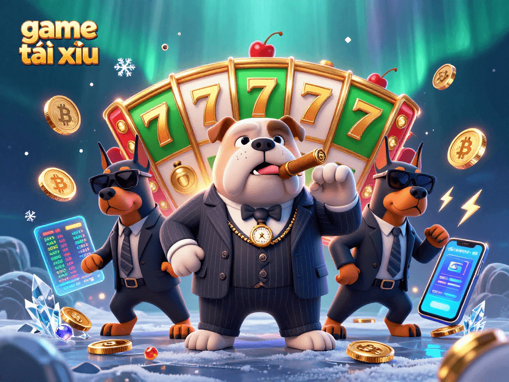 Experience the excitement of game tài xỉu with dynamic visuals including slot reels and 3D characters.