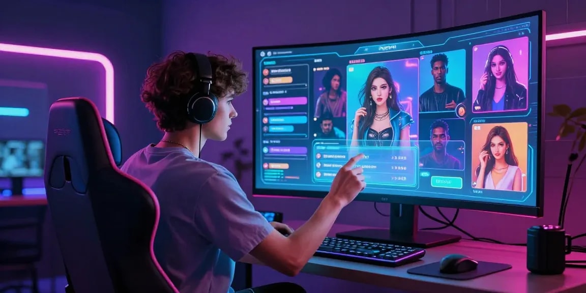 A user interacting with a futuristic AI chat porn interface featuring holographic characters in a vibrant digital environment.