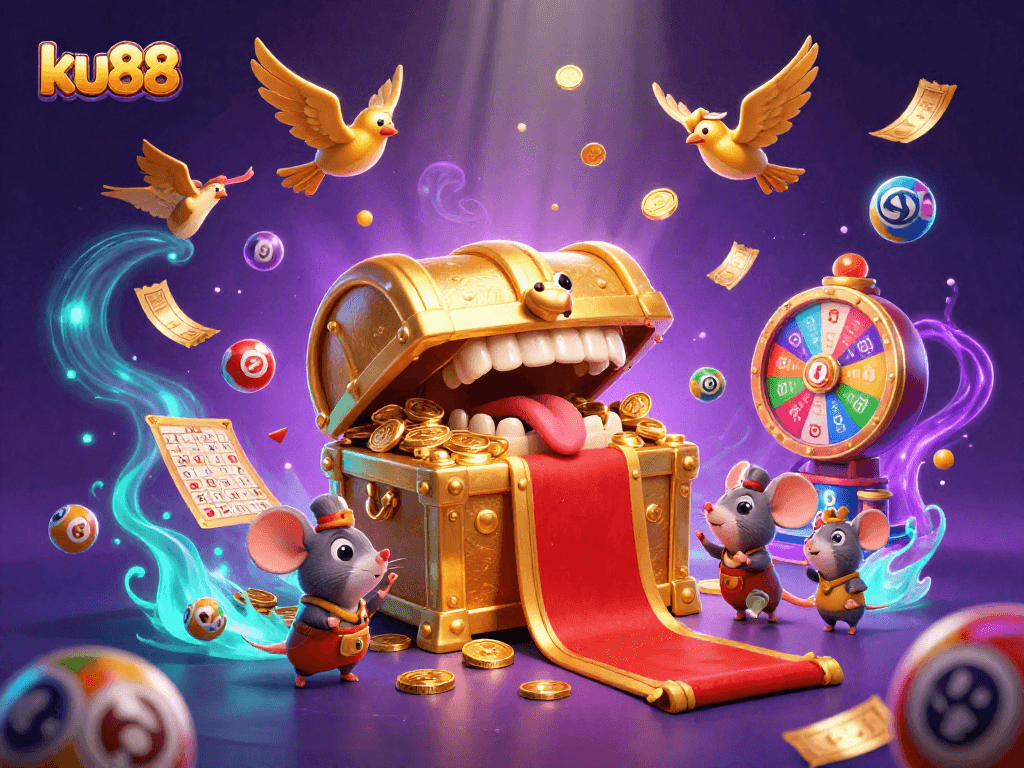 ku88 casino-themed illustration with a treasure chest, mice, and colorful lottery elements