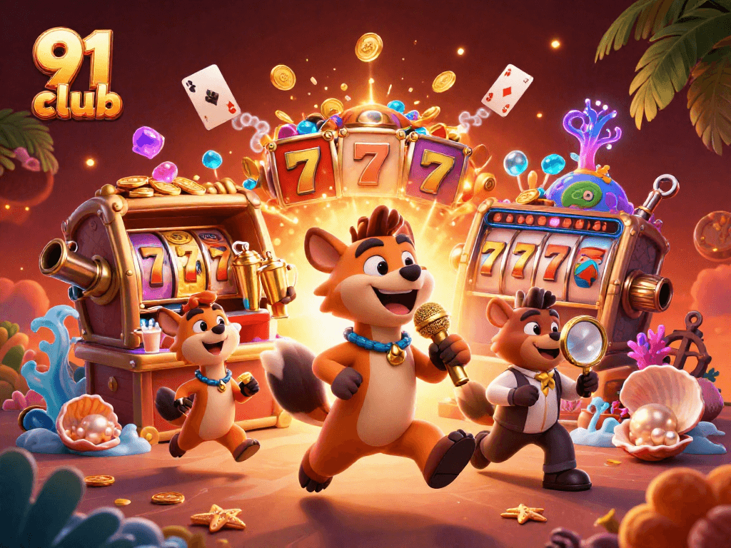 Engage in thrilling gaming at 91 club with vibrant hyena-themed casino illustration.