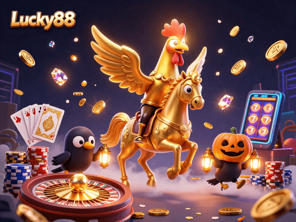 Experience thrilling wins at Lucky88 with a captivating 3D casino scene full of treasures.