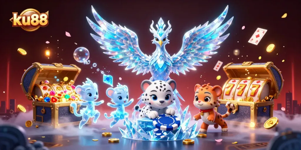 ku88 shines in a vibrant 3D casino scene with colorful characters and exciting gaming elements.