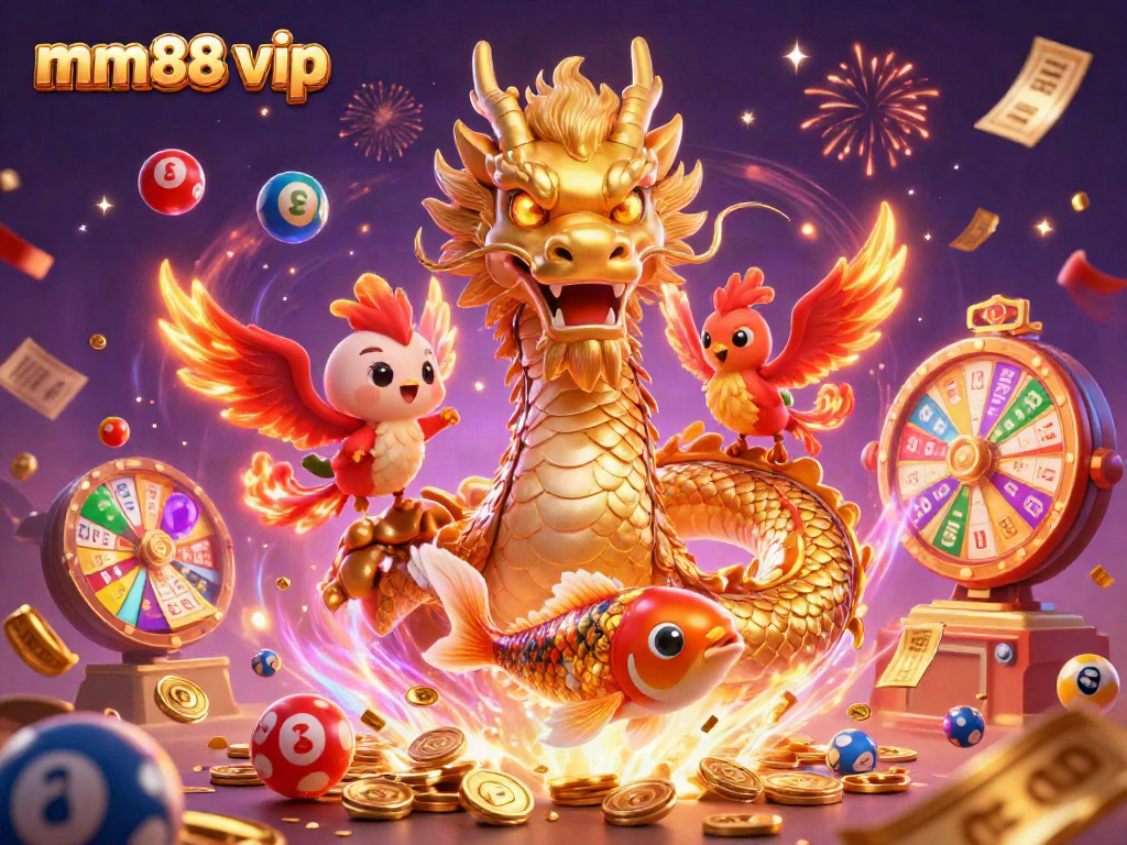 Spin and win big with mm88 vip in a vibrant casino-themed illustration featuring dynamic lottery elements.