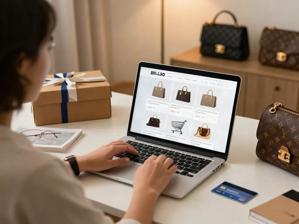 Person shopping for Fake Baga online, reviewing premium replica designer bags on an e-commerce platform.