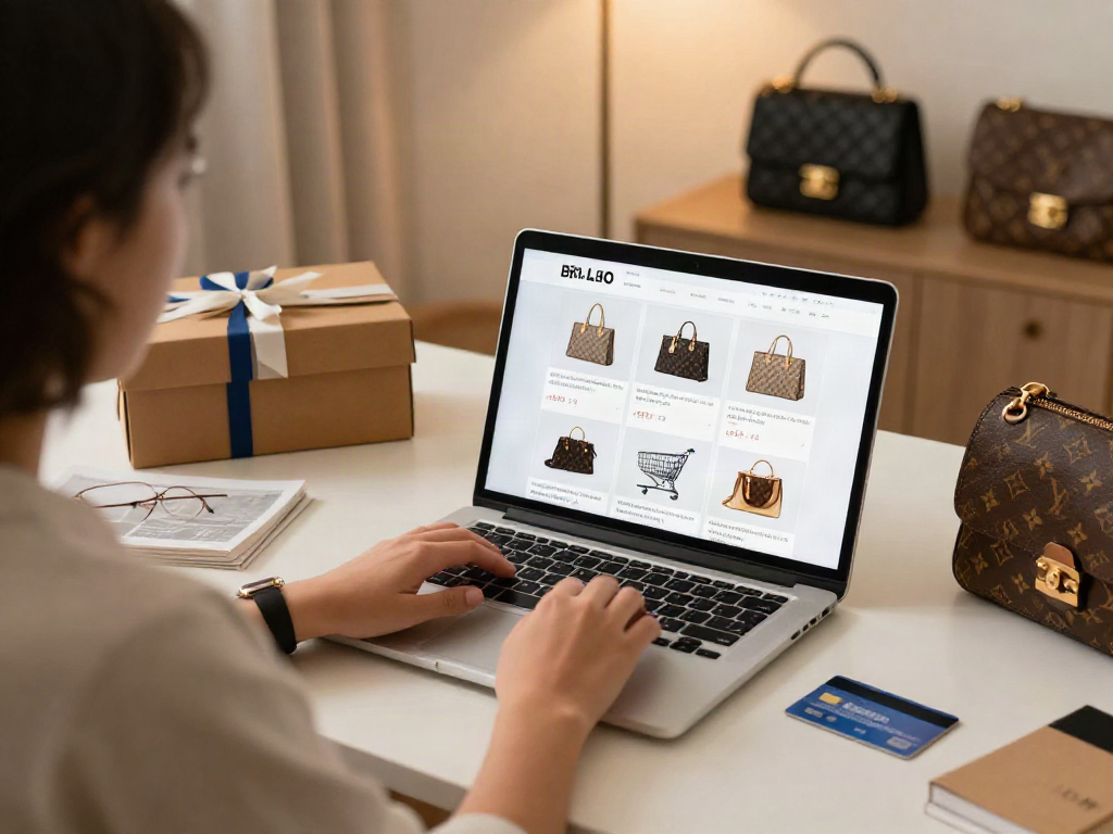 Person shopping for Fake Baga online, reviewing premium replica designer bags on an e-commerce platform.