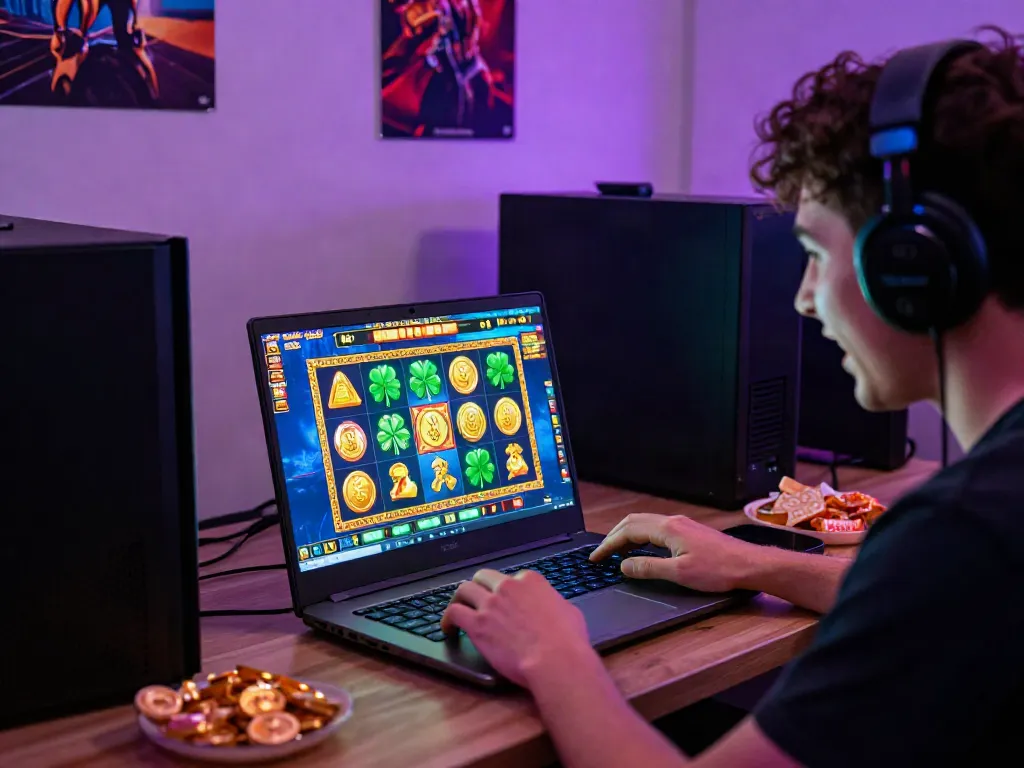 Player engaged with situs slot gacor games on a laptop in a vibrant gaming room.