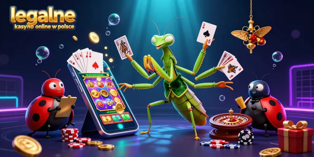 Experience the thrill of legalne kasyno online w polsce with an engaging 3D cartoon scene of casino elements.