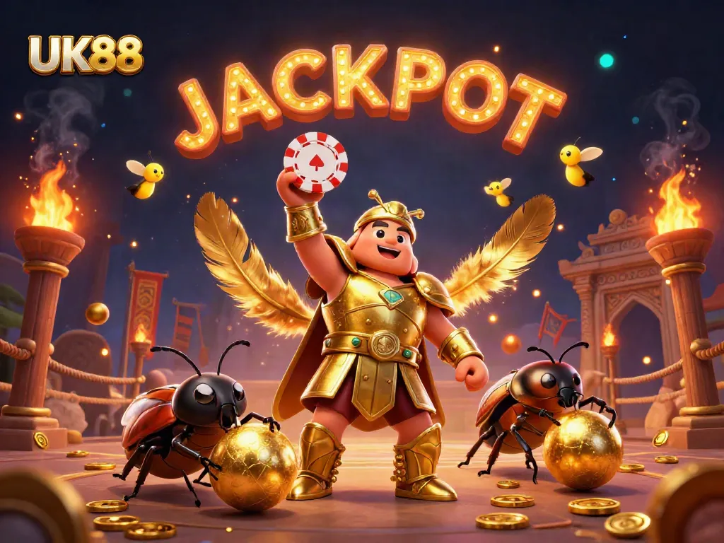 Experience the thrill of UK88 as a hercules beetle champions with poker chips in an epic casino scene.