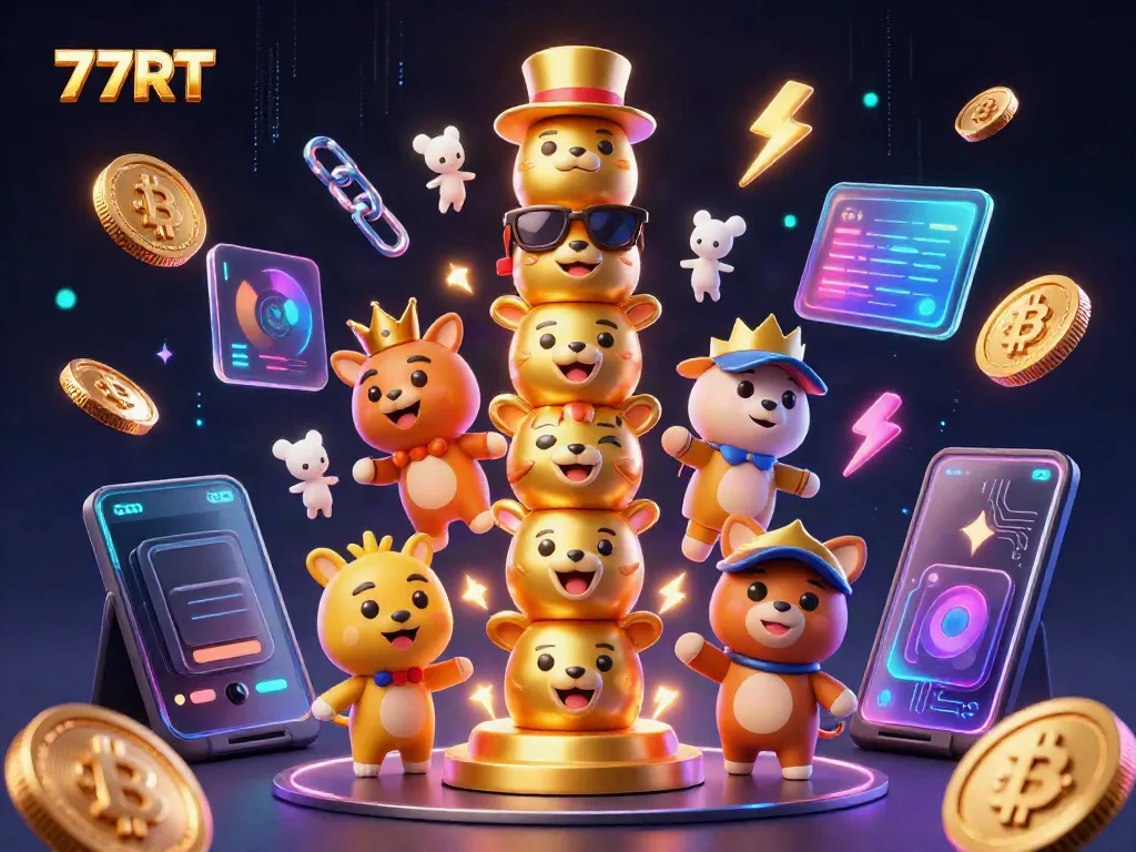 Experience the excitement of 77RT, with vibrant totem characters and crypto elements in a dynamic casino scene.