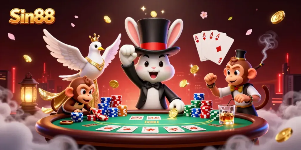 Experience thrilling gaming with Sin88's magician, dove, and monkey in a vibrant casino scene.
