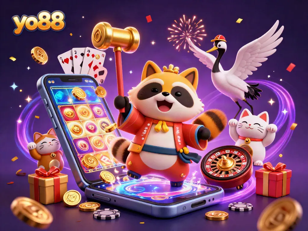 Experience the excitement of yo88 with this vibrant casino illustration featuring a tanuki and lucky symbols.