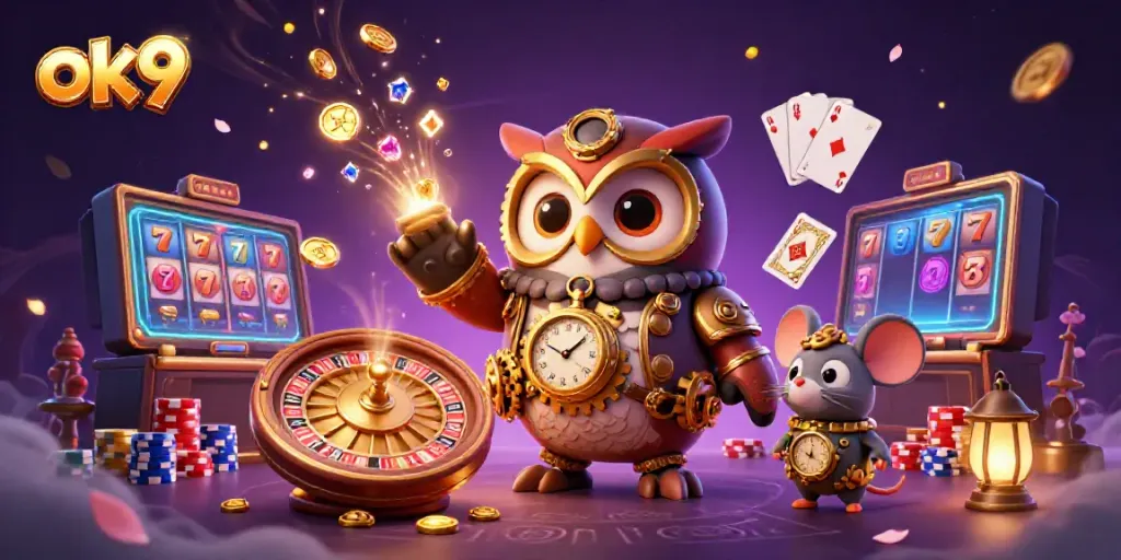 Engaging 3D casino adventure with ok9 featuring vibrant illustrations of slots and jackpot excitement.