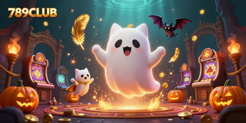 Engage with the thrilling world of 789CLUB in a vibrant haunted casino illustration.