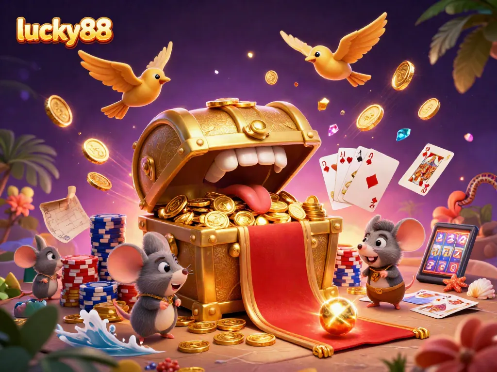 Experience thrilling wins at lucky88 with a captivating treasure chest surrounded by vibrant casino elements.