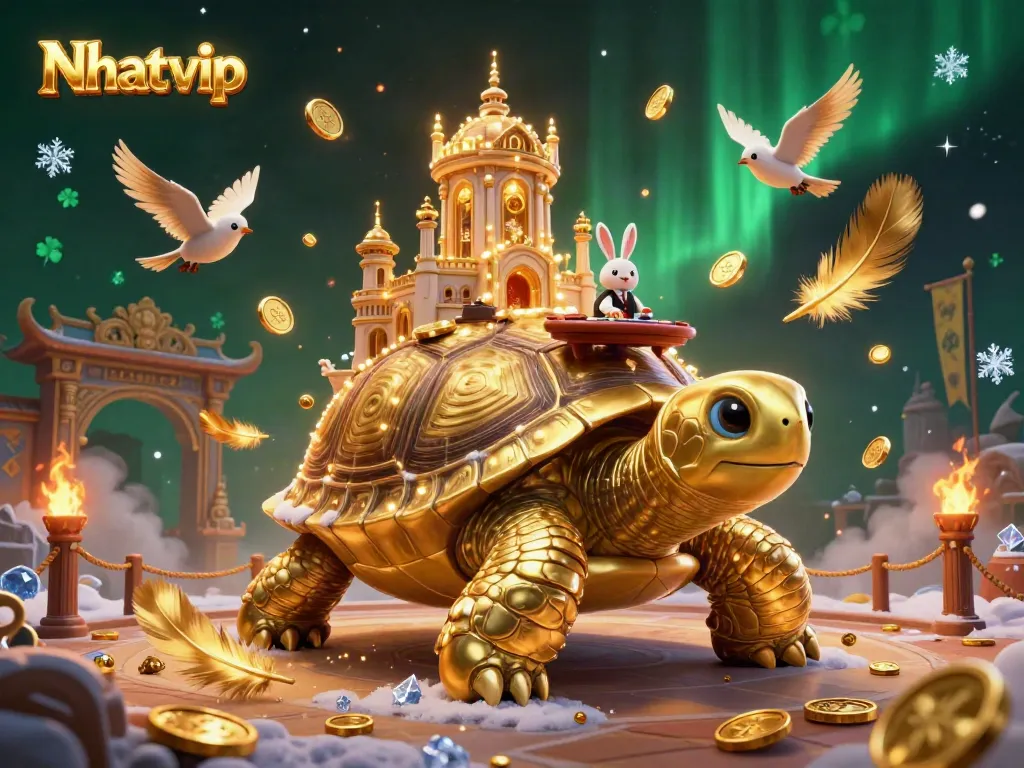 Nhatvip's vibrant 3D illustration showcases a golden tortoise casino scene with a rabbit dealer.