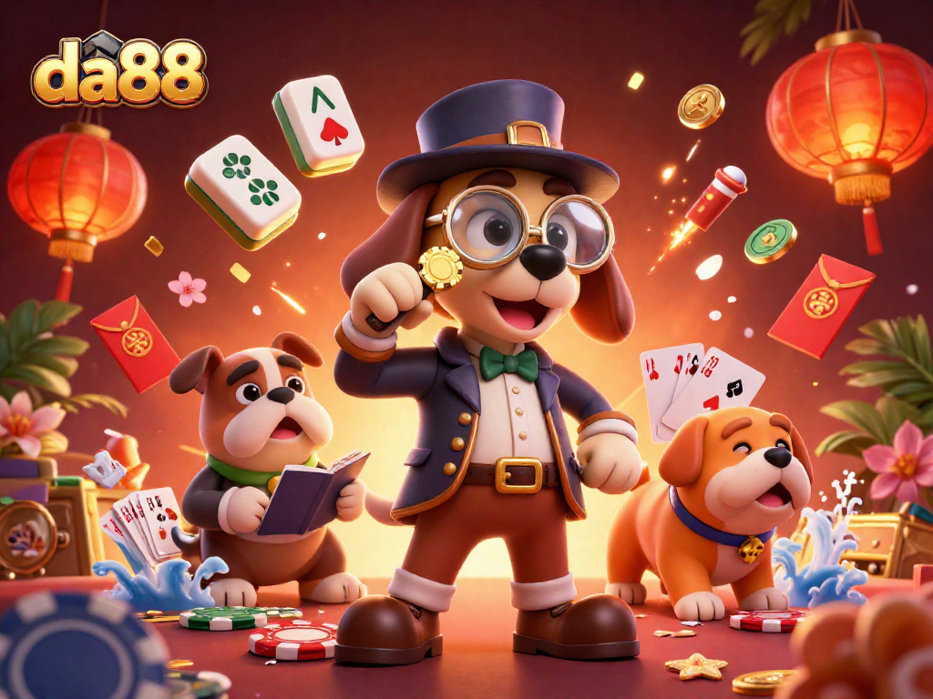 da88 showcases a detective and companion exploring casino clues amidst dynamic poker elements, vibrant colors.