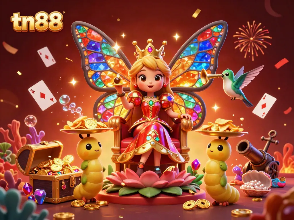Experience tn88's vibrant casino magic with a butterfly queen and golden chips in a rich 3D scene.