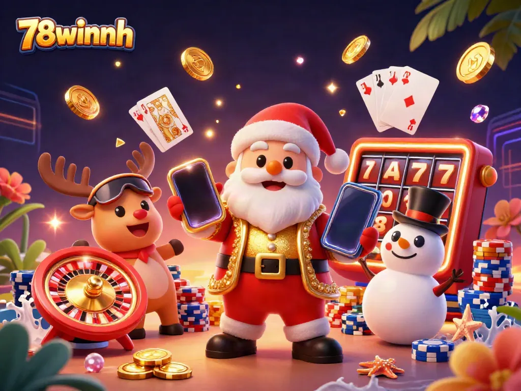 Win big at 78winnh with festive characters celebrating casino victories with slot machines and games.