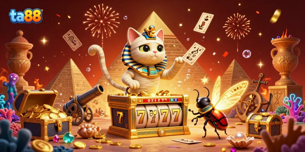 Experience the thrill with ta88 as a vibrant Egyptian mummy cat bursts from a golden sarcophagus in a casino.