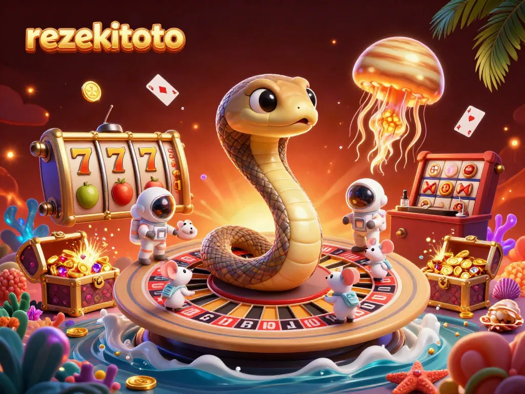 Engage with rezekitoto's vibrant 3D casino scene featuring roulette and slot elements, enhancing the gaming experience.