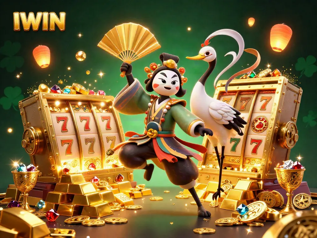 IWIN showcases an energetic casino scene with kabuki characters surrounded by slot reels and treasure, promoting excitement in gaming.
