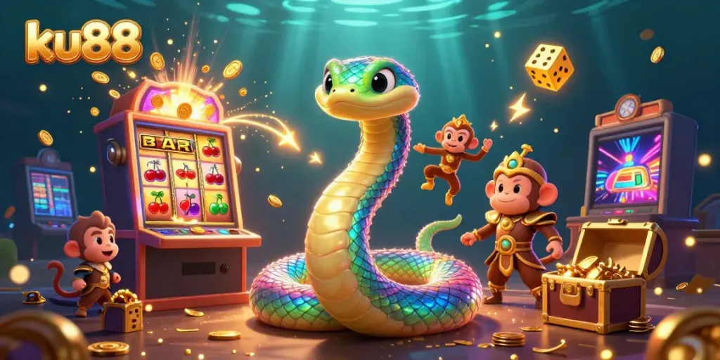 Experience thrilling casino adventures at ku88 with magical elements, slot machines, and vibrant characters.