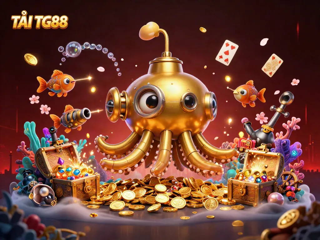 Engage in thrilling gameplay with TẢI TG88 featuring a golden kraken submarine surrounded by coins and treasures.