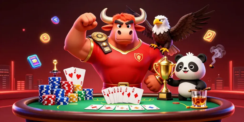 Slam down the winning hand at rikvip with a dynamic casino scene featuring a bull mascot, poker table, and vibrant casino elements.