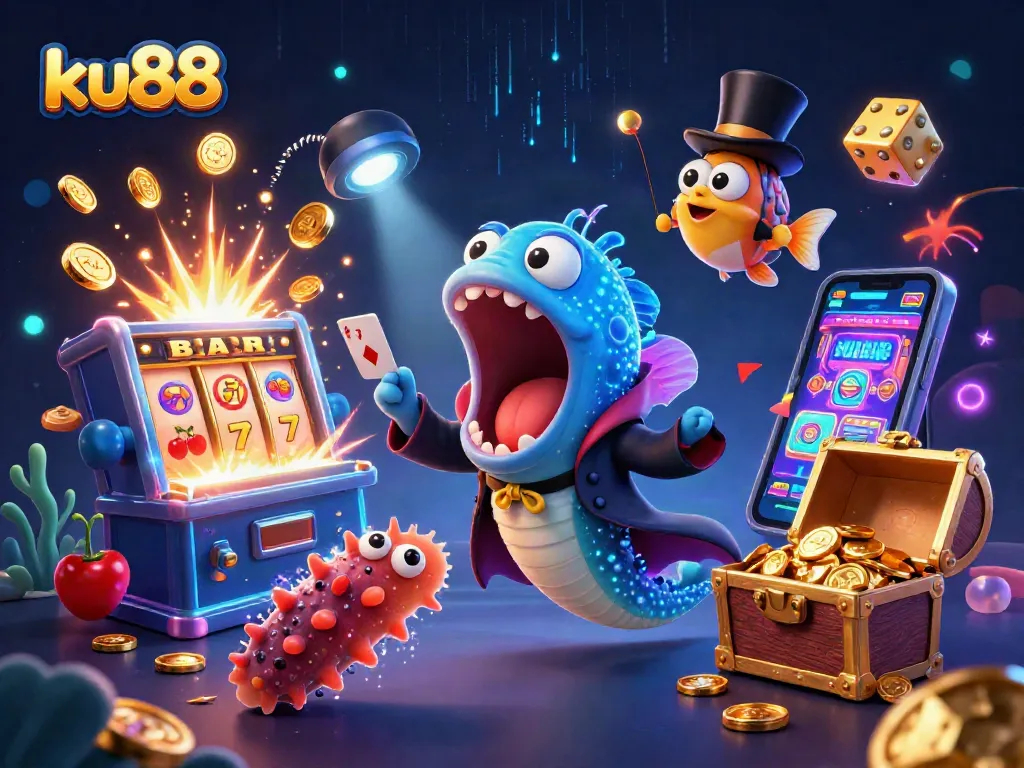 Experience exciting gameplay at ku88 with a dynamic 3D casino scene featuring magical characters and vibrant game elements.