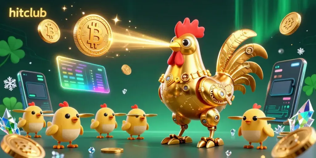 Engage players at hitclub with a futuristic golden rooster robot shooting lasers amid crypto coins and festive elements.