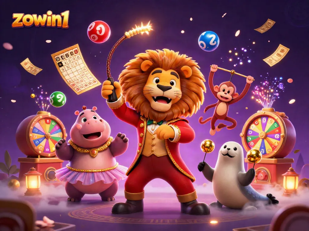 Win big with zowin1 at the colorful casino featuring dynamic lotteries, jubilant characters, and vibrant prize elements.