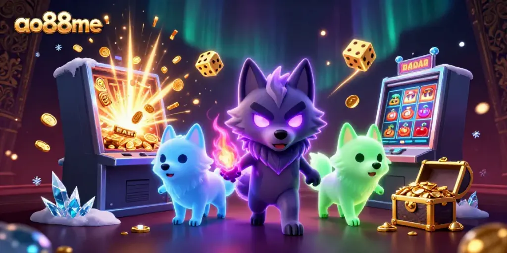 Engage with thrilling slots at ao88me, showcasing a vibrant 3D wolf pack amidst a jackpot explosion.