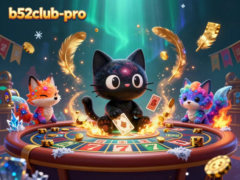 Engage with b52club-pro as a black hole cat pulls in chips at a vibrant cosmic casino.