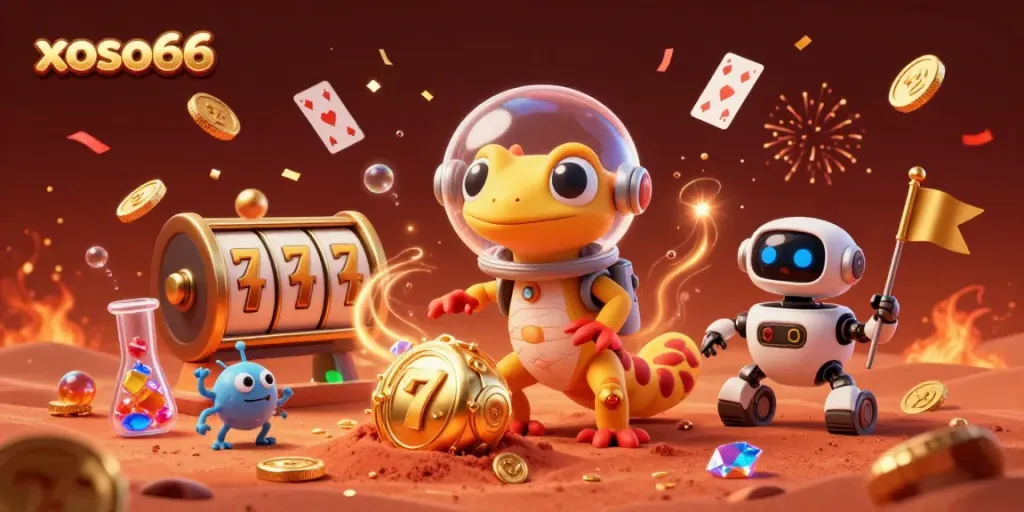 Engage in exciting gameplay at xoso66 with a Martian gecko exploring a vibrant casino scene.