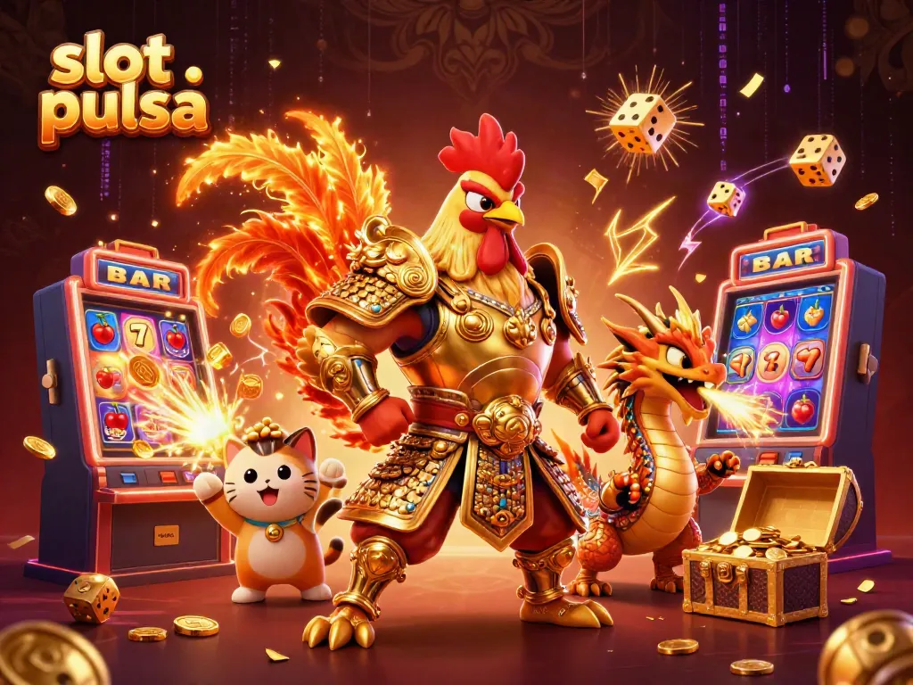 A powerful scene of slot pulsa action with a rooster warrior, dragon hatchling, and treasure explosions