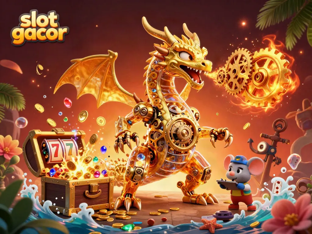 Engage with slot gacor gameplay featuring golden dragon and treasure amidst vibrant casino elements.