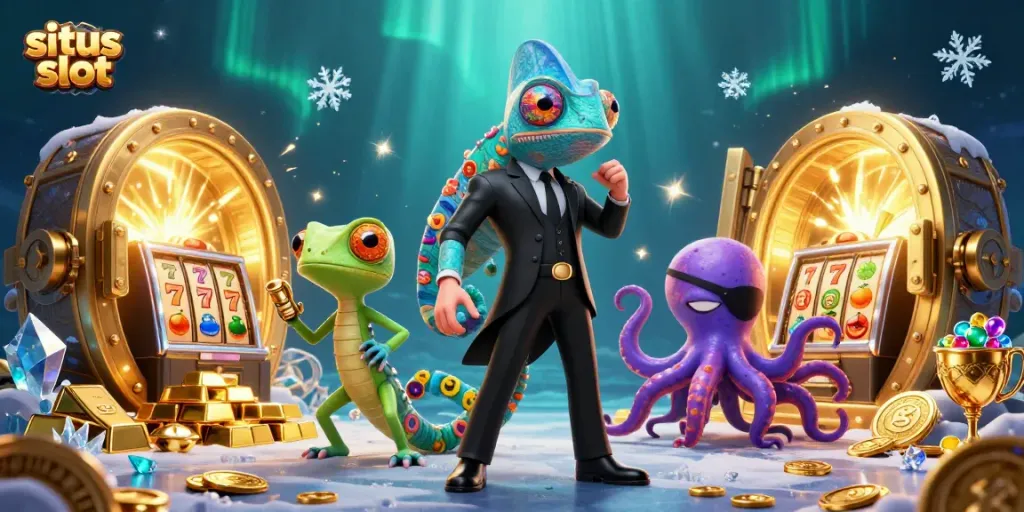 Experience situs slot excitement with a vibrant 3D casino scene featuring dynamic characters and sparkling treasures.