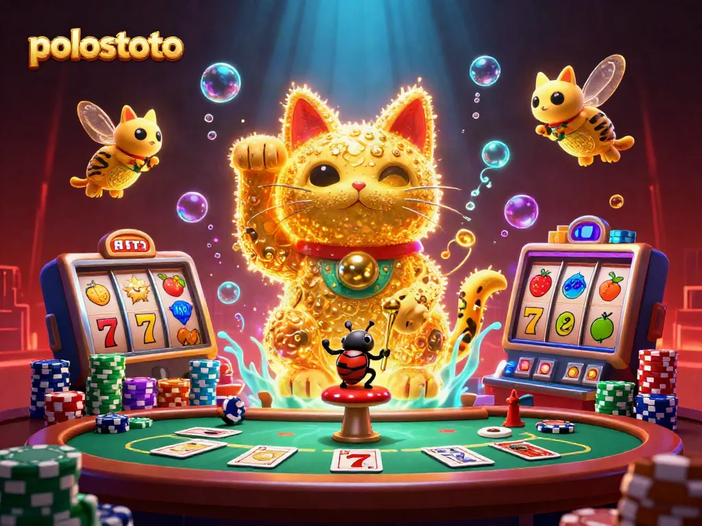 Engage with polostoto in an ultra-detailed 3D illustration of a lucky cat made of fireflies, surrounded by vibrant slot elements.