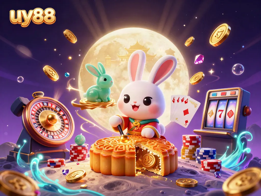 Experience high-stakes wins with UY88 as the magical moon rabbit reveals poker chips amid cascading riches!