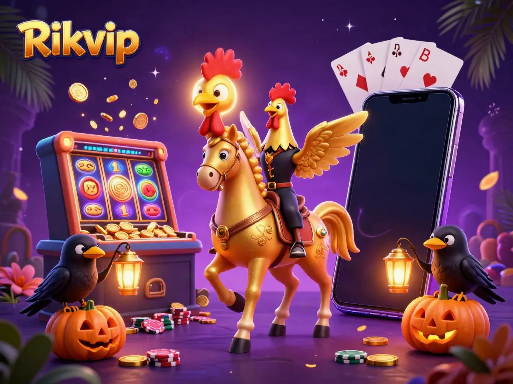 Experience the dazzling Rikvip casino with golden rooster riders amidst dynamic gaming elements and glowing lanterns.