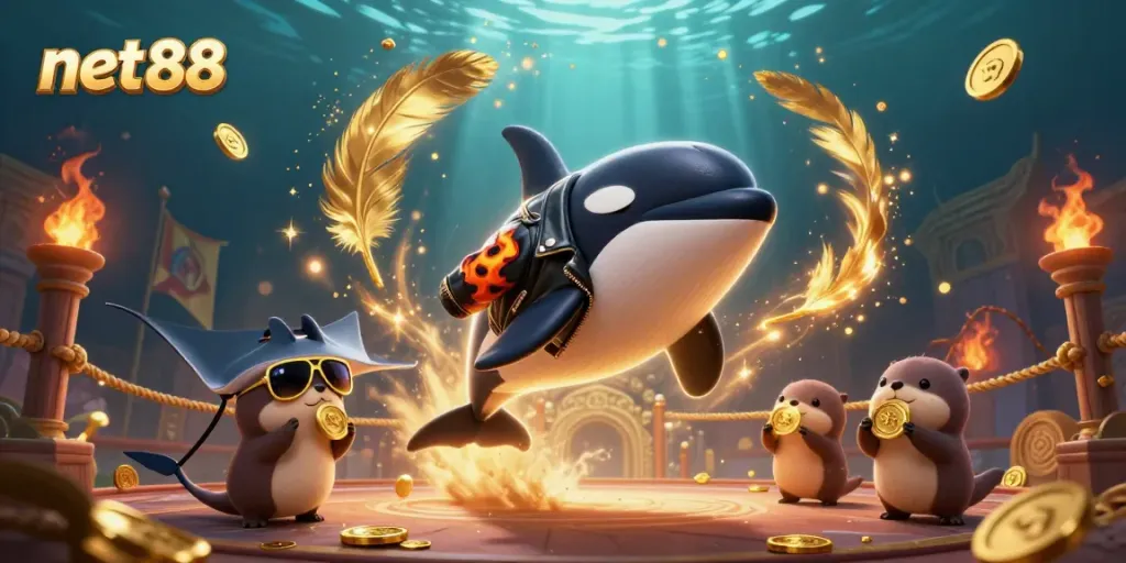 Experience the thrilling world of net88 with a vibrant underwater scene of playful characters and gold coins.